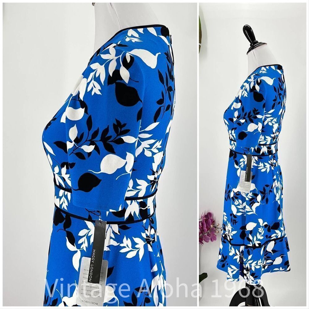 Maggie London Blue White Black  Round Neck Back Zip Midi Size 4